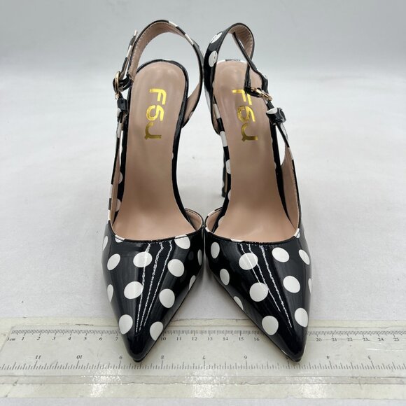 FSJ Black and White Dots Pointed Toe D'Orsay High Heel Slingback Pumps Sandals - Picture 3 of 8
